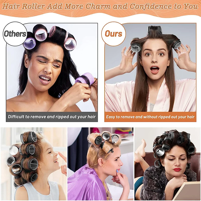 45pcs/set Black Self-Grip Hair Rollers With Clips Heatless Roller Jumbo Sticky Hair Roller Set Salon Dressing Curlers