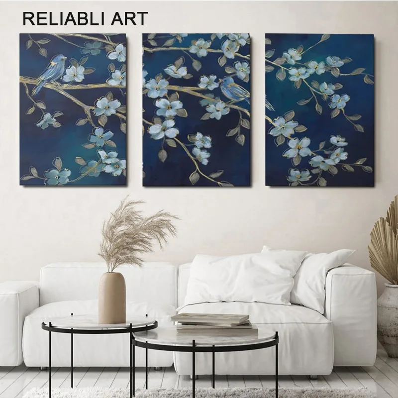 Moderna Illustrazione Di Fiori E Uccelli Blu Poster E Stampe Immagini Di Arte Della Parete Per Soggiorno Decorazioni Per La Casa Senza Cornice