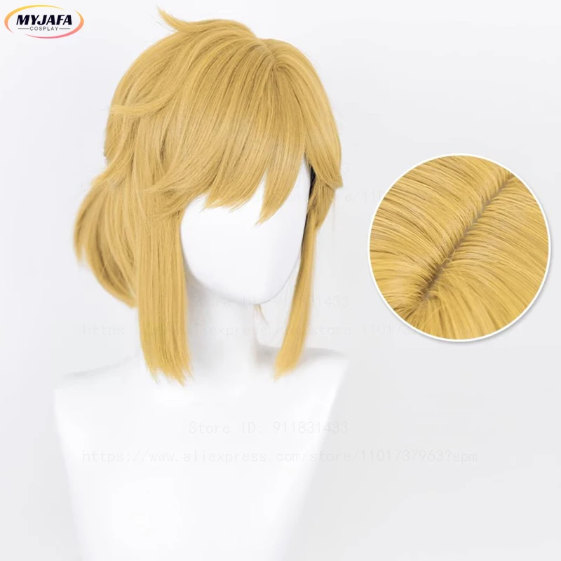 Hochwertige Breath of the Wild Link Cosplay-Perücke, kurz, goldbraun, Zopf, hitzebeständiges Haar, Anime-Spiel-Perücken + Perückenkappe – Detail 3