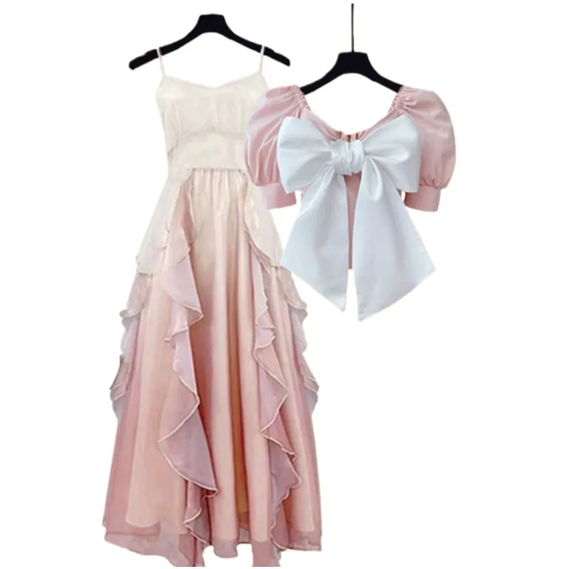 Summer Set Women's 2024 New Korean Edition Women's Fashion and Stylish Bow Shirt Waist Wrap Dress Two Piece Set