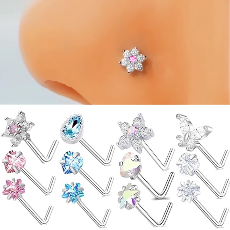 3PC Stainless Steel Nose Piercing Stud Set L Shape Pink
