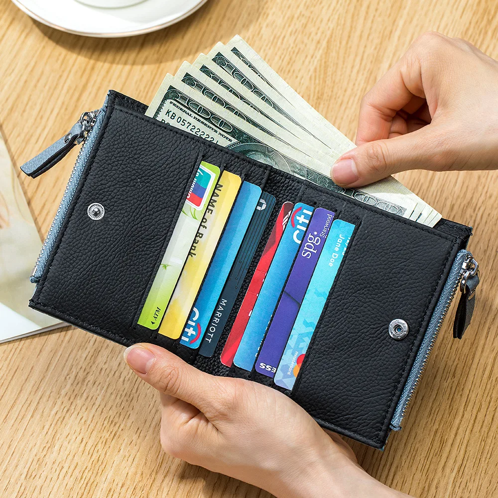 Genuine Leather Short Wallet  Multifunctional and Fashionable Wallet Double Zipper Pocket Change Card Bag