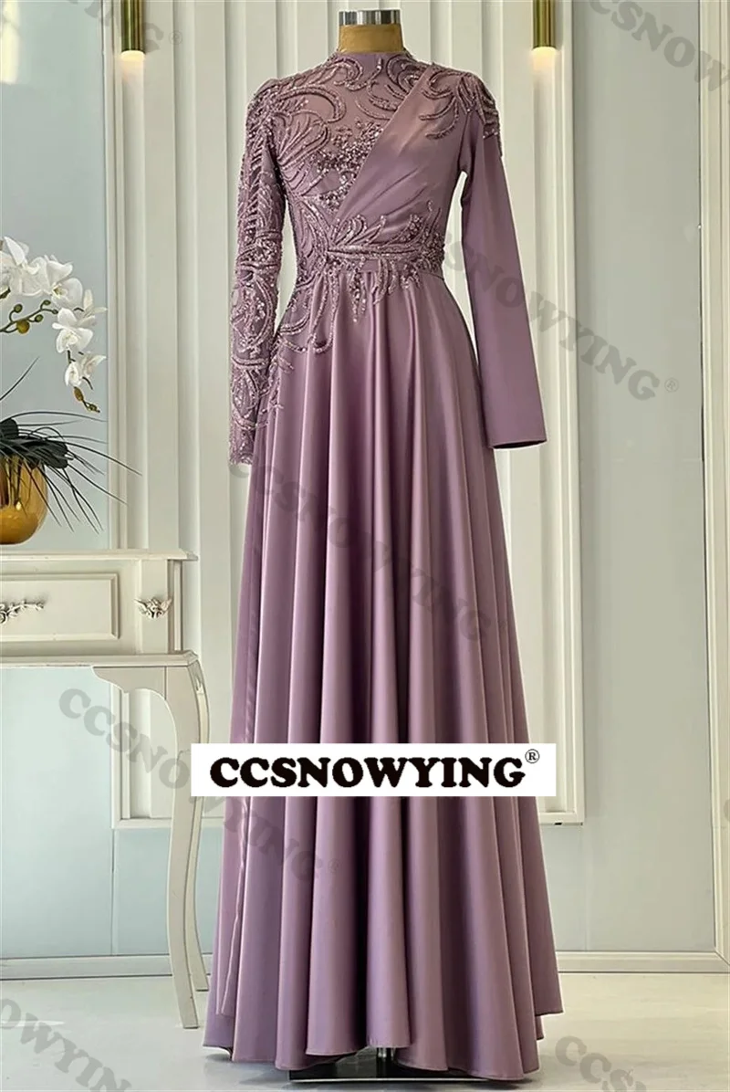 

Full Sleeve Muslim Evening Dress Islamic Stain Appliques Hijab Prom Formal Party Gown Arabic Dubai Women A Line Robes De Soirée
