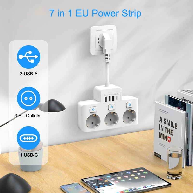EU Plug Multiple Sockets 3 AC Outlets Power Strip Extension Cable with ...