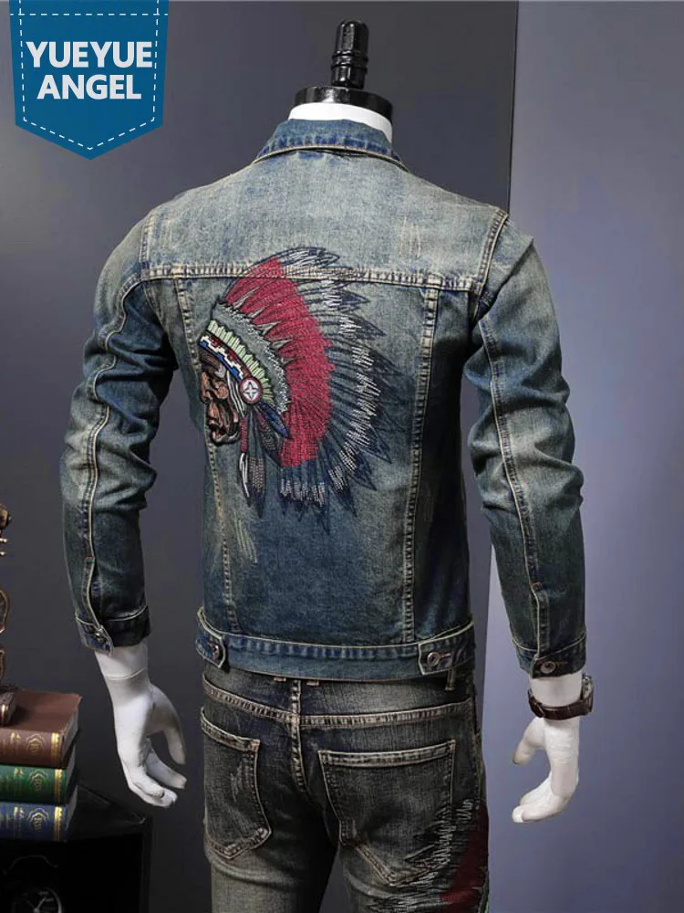 Vintage Men Floral Embroidery Denim Jacket Single Breasted Slim Fit Men Casual Cargo Jacket Motorcycle Biker Cowboy Outwear Coat