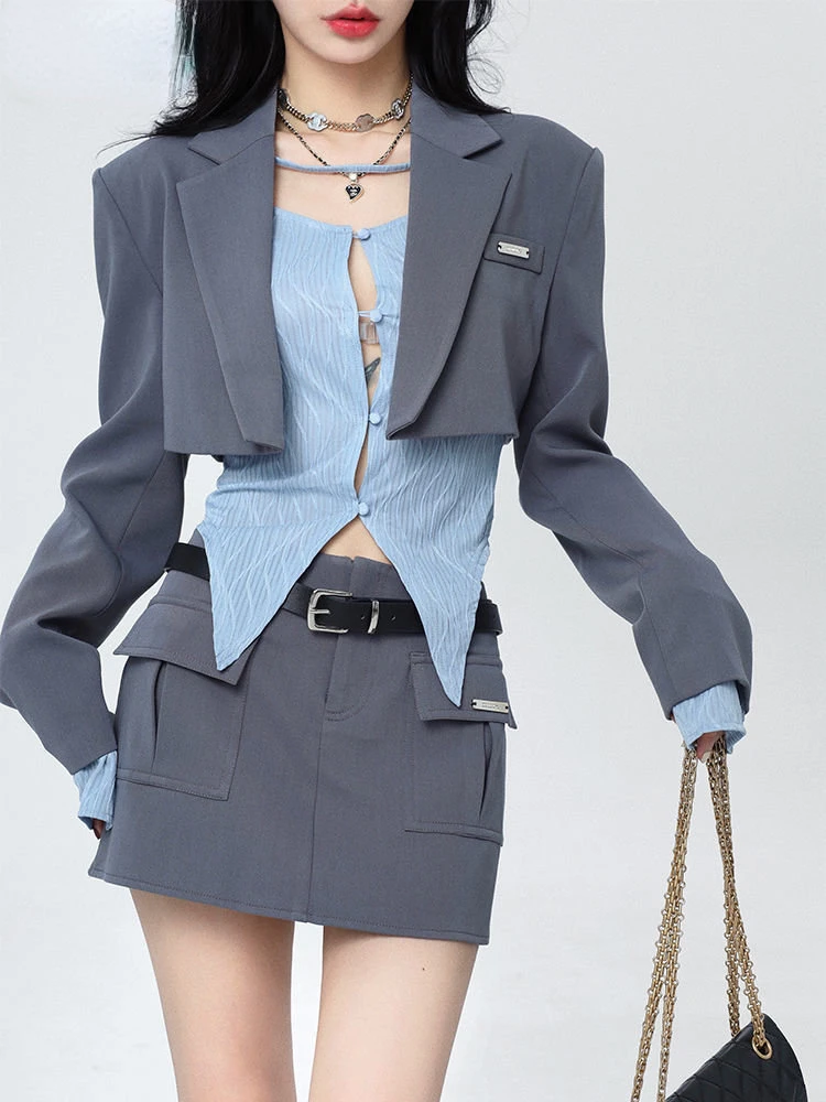 

Sexy Cool Commuter Suit Women's Summer Slim Fit Hot Girl Hollow Long-sleeved Bottoming Shirt + Gray Crop Blazer Coat + Hip Skirt