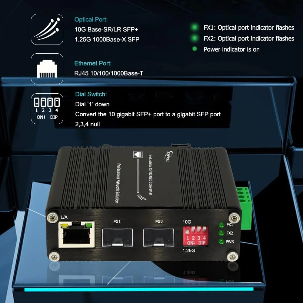 Industrial 10G OEO Media Converter SFP+ Fiber Ethernet Extender OEO Fiber Repeater with 3R Repeater Function, Support 1.25G/10G