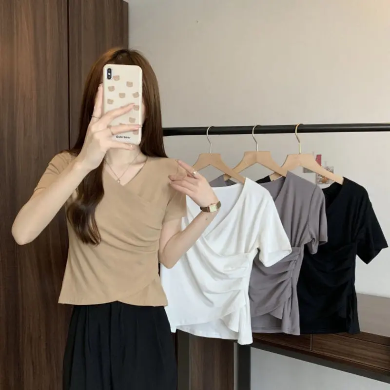 

20224 New Summer Oversized High Waist T-shirts for Women Elegant Fashion Solid Color Irregular Splicing V Neck Short Sleeve Tops