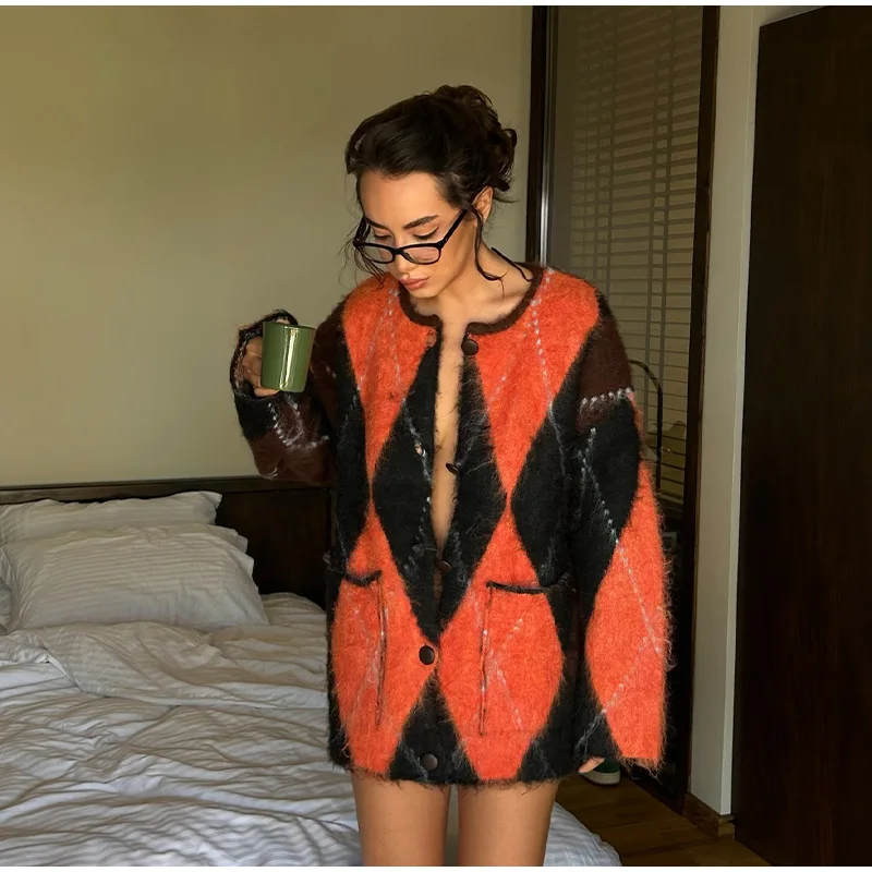 Mohair O-neck Contrast Color Knit Sweater Women Geometry Print Long Sleeve Loose Single-breasted Knitwear Lady All-match Top _