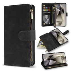 Leather Multi - Card Zipper Wallet with Kickstand and Magnetic Flip Case for Galaxy S24 Ultra (Black)