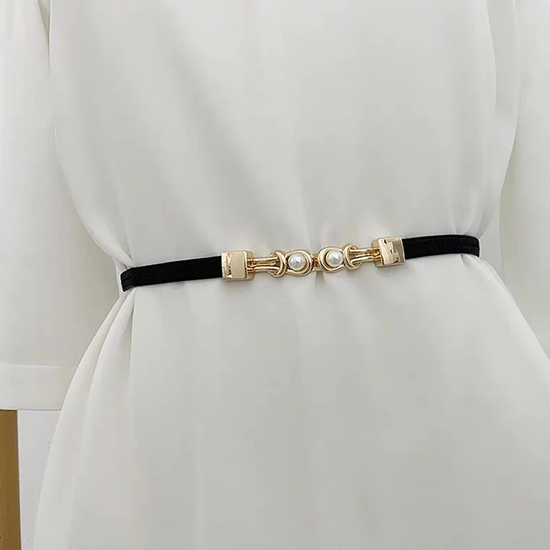 

Elegant Double Pearls Buckle Elastic Women Belts Black Thin Straps Lady Girl Dress Skirt Decor Waistbands