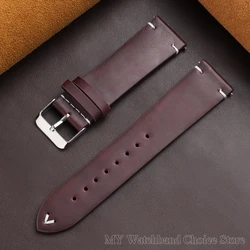 Vintage Cowhide Leather Watch Band - Handmade Stitching, Soft Sport Bracelet with Quick Release - 22mm (Red)