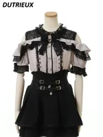 Sweet Cute Girls Short Sleeve Tops Japanese Style Mine Mass-Produced 2025 Summer Kawaii Slimming Lace Off-Shoulder Shirt - Image 2