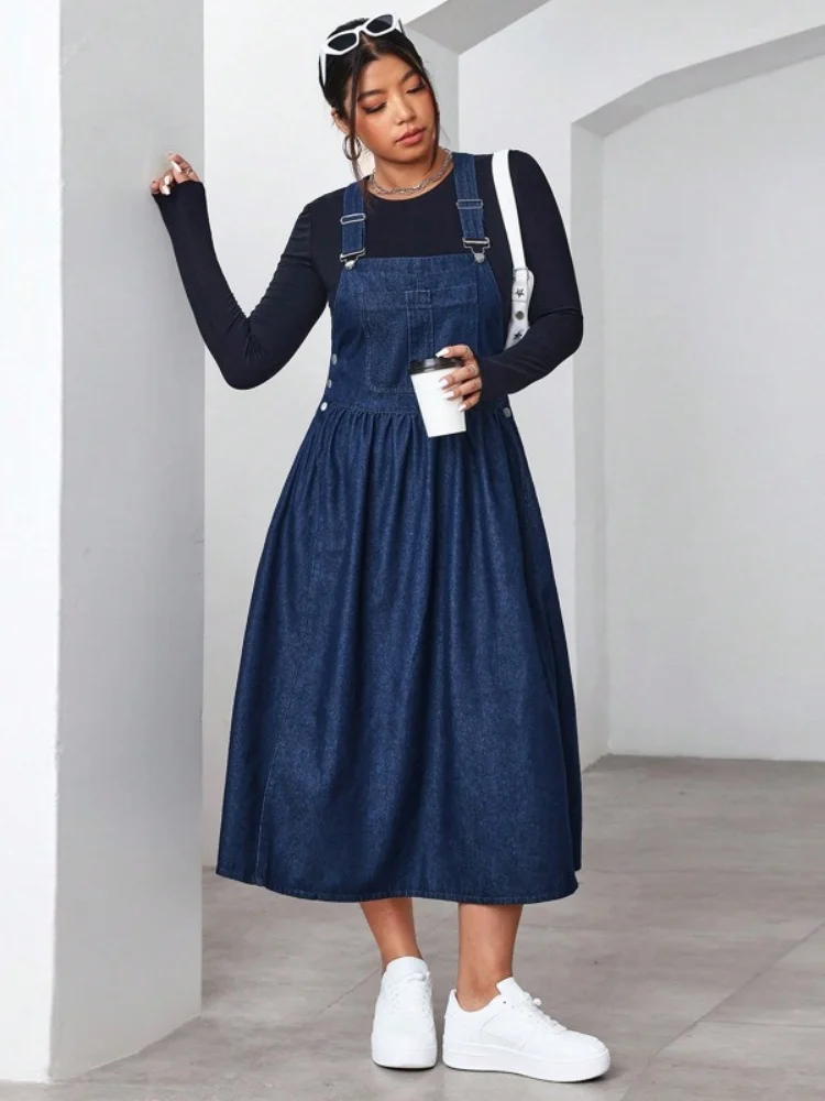 Wmstar Plus Size Dress Denim Women Wholesale New Style Slip Swing Elegant Casual Fashion Pockets Summer Drop Shopping XL-5XL