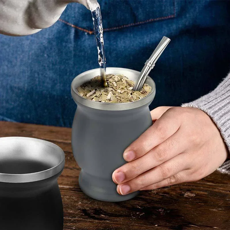 Yerba Mate Cup Double Wall Argentine Yerba Mate Gourd Bombillas Cleaning Brush Stainless Steel Tea Coffee Water Mug Yerba Mate Cup Stainless Steel Cups Stainless Steel Cup Stainless Steel Mug