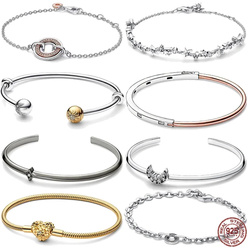 

Hot selling 925 Sterling Sun Moon Moon Bracelet Gold Color Heart shaped Bracelet fits Original Charm Beaded DIY Women's Jewelry