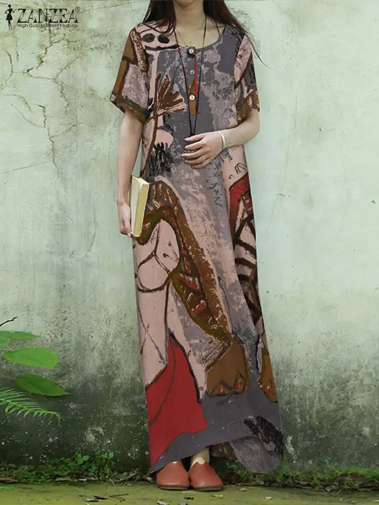 

ZANZEA Summer Sundress Women O Neck Short Sleeve Loose Dress Casual Bohemian Vintage Floral Printed Holiday Vestido Robe Femme