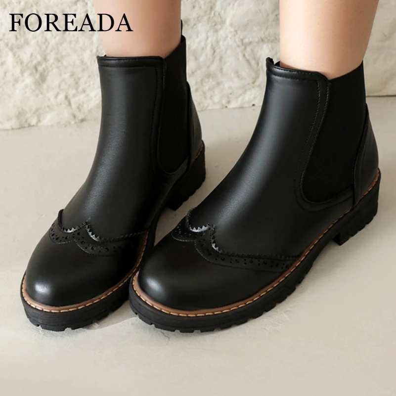 

FOREADA Women Ankle Boots Round Toe Thick Mid Heels Platform Chelsea Short Boots Lady Fashion Shoes Autumn Winter Black Brown 43
