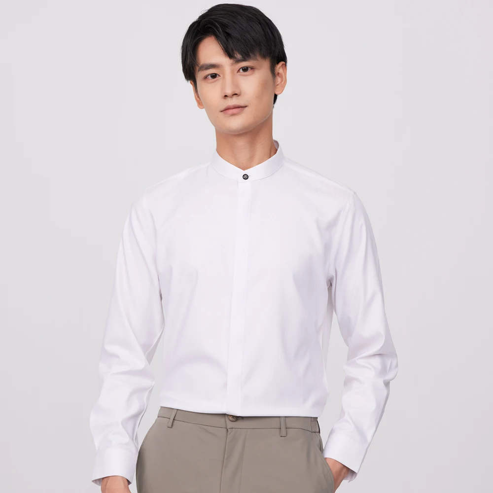 MensCasualSlimfitLongSleeveBandedCollarDressShirtsWithout