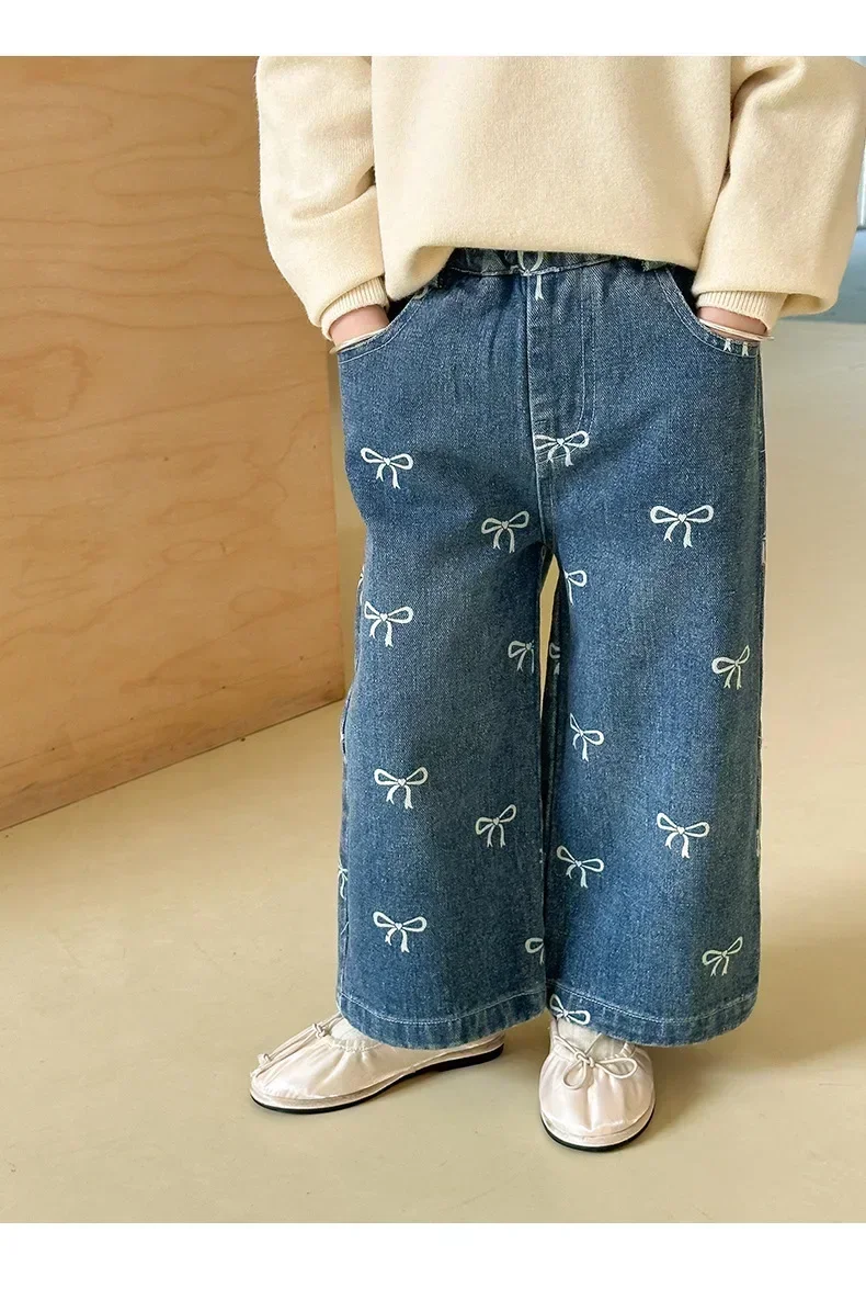 4626 Children Pant Spring and Autumn Korean Printed Bows Baby Girl's Jeans Straight Denim Pant 6