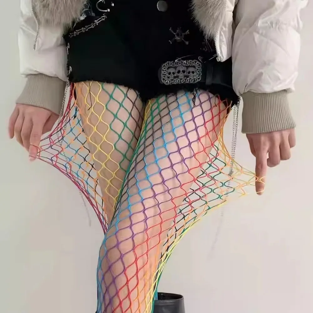 멋진 Y2K 레인보우 피쉬넷 스타킹, 큰 메쉬 화려한 속이 비치는 팬티스타킹, ..