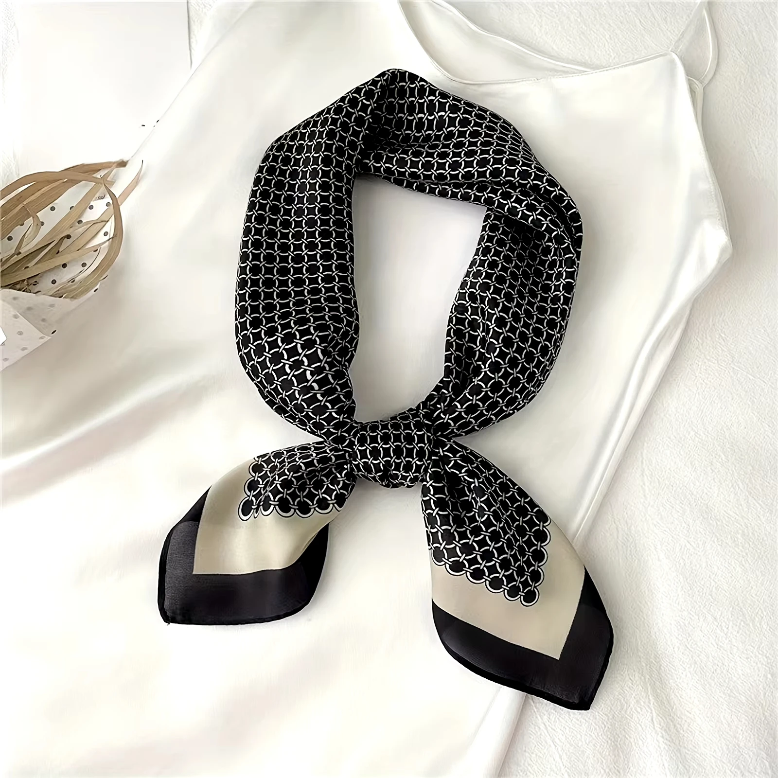 New Elegant Soft Satin Square Scarf For Women Stylish Round Ring Print Versatile Bandana Elegant Style Sunscreen Headscarf 6