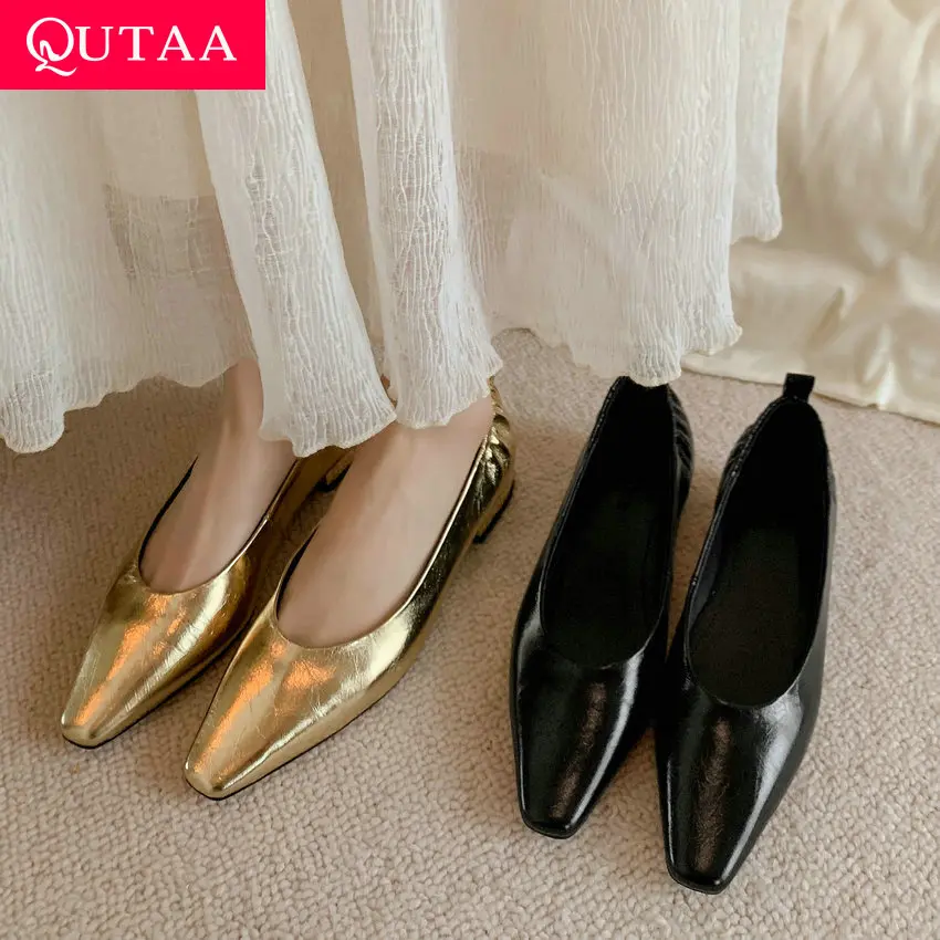 

QUTAA 2024 Office Lady Women Pumps Low Heels Spring Summer Slip On New Genuine Leather Square Toe Shoes Woman Size 34-39