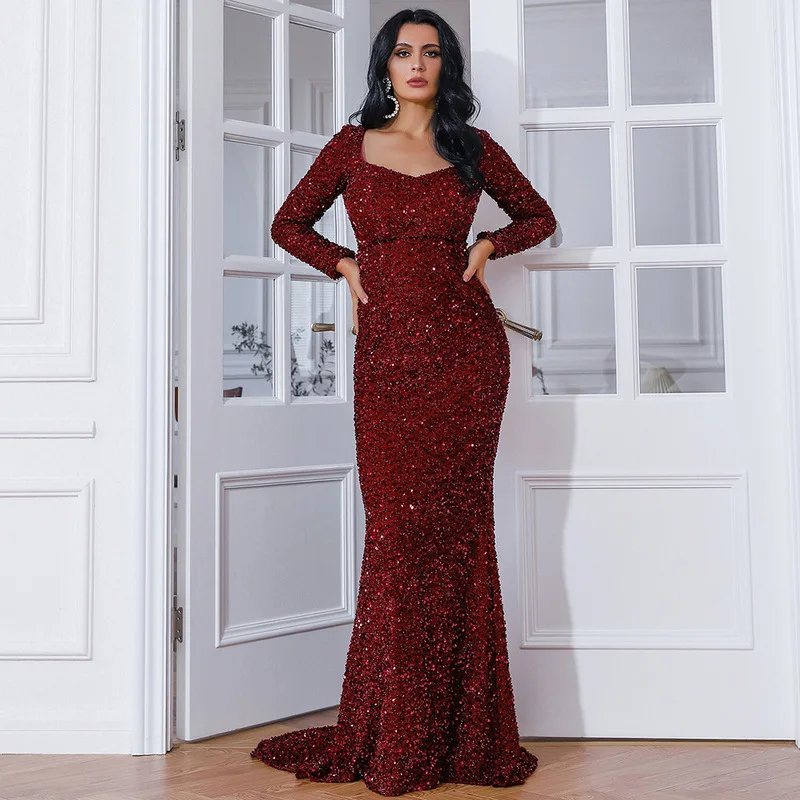 

Женское длинное вечернее платье-русалка, элегантное вечернее платье с длинным рукавом, открытой спиной и блестками для торжественных случаев, выпускного вечера