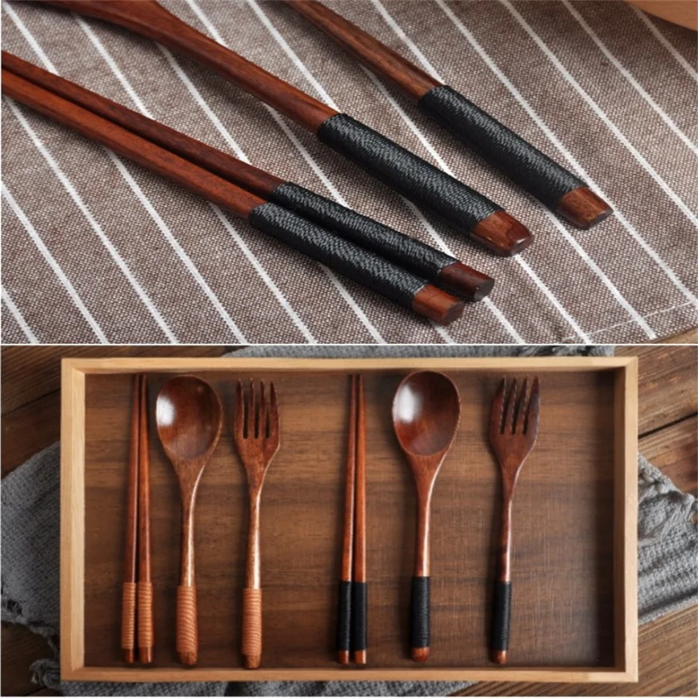 Wooden Tableware Fork Spoon Chopsticks 3pcs/Set Natural Long Handle Retro Style Portable wooden spoon,camping cutlery
