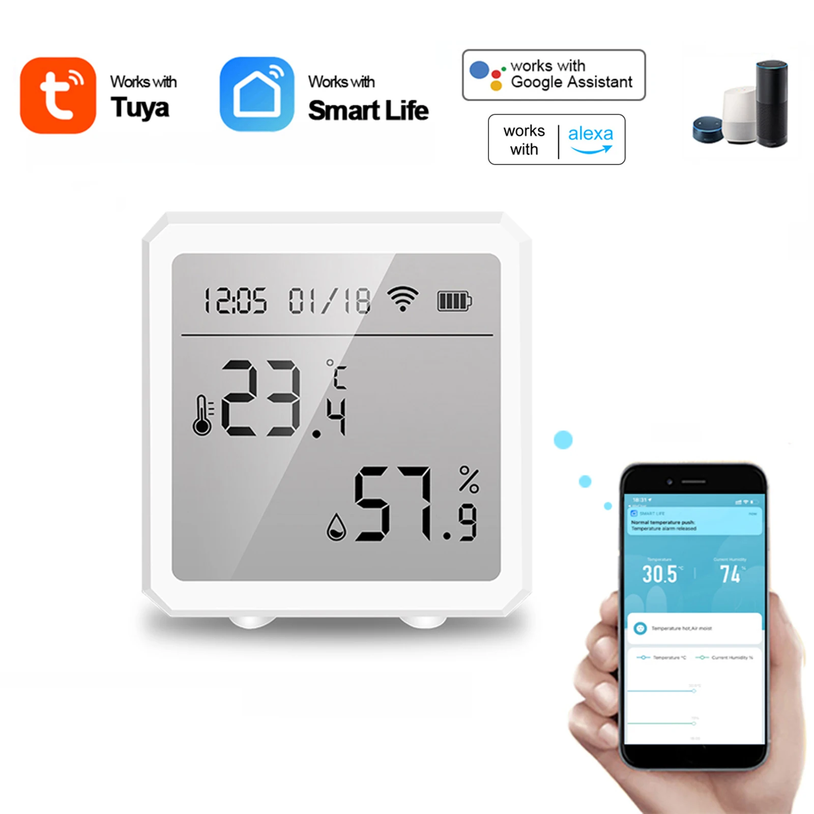 

Умный Wi-Fi датчик температуры и влажности Tuya, комнатный гигрометр, термометр, дистанционное управление через приложение с ЖК-экраном