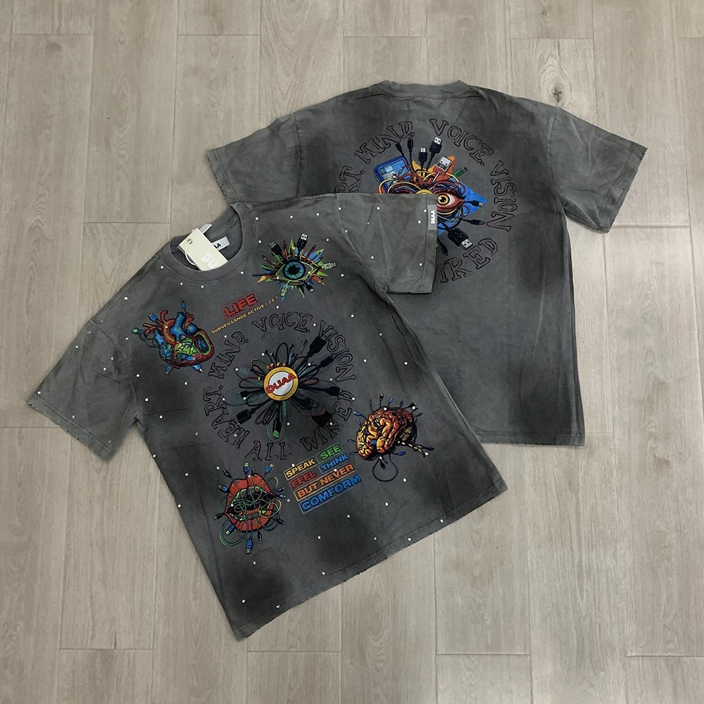 Auto-Buchstaben Strass Verzierte Gewaschene Baumwoll-T-Shirts für Männer und Frauen Harajuku Hip-Hop Lose Glänzende Diamant-Tees Übergroß – Detail 2