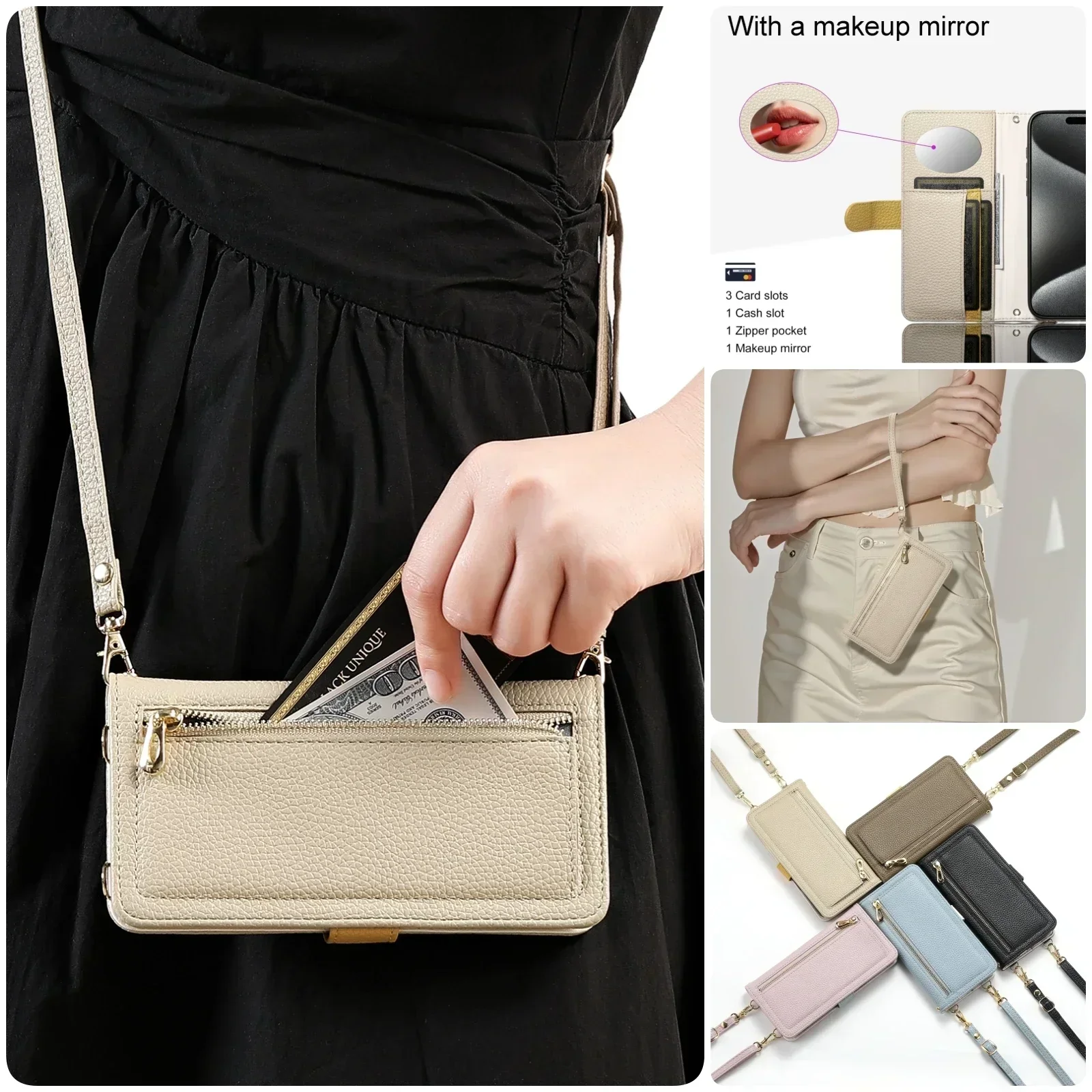 Leather Wallet Crossbody Phone Pouch with Multiple Card Slots