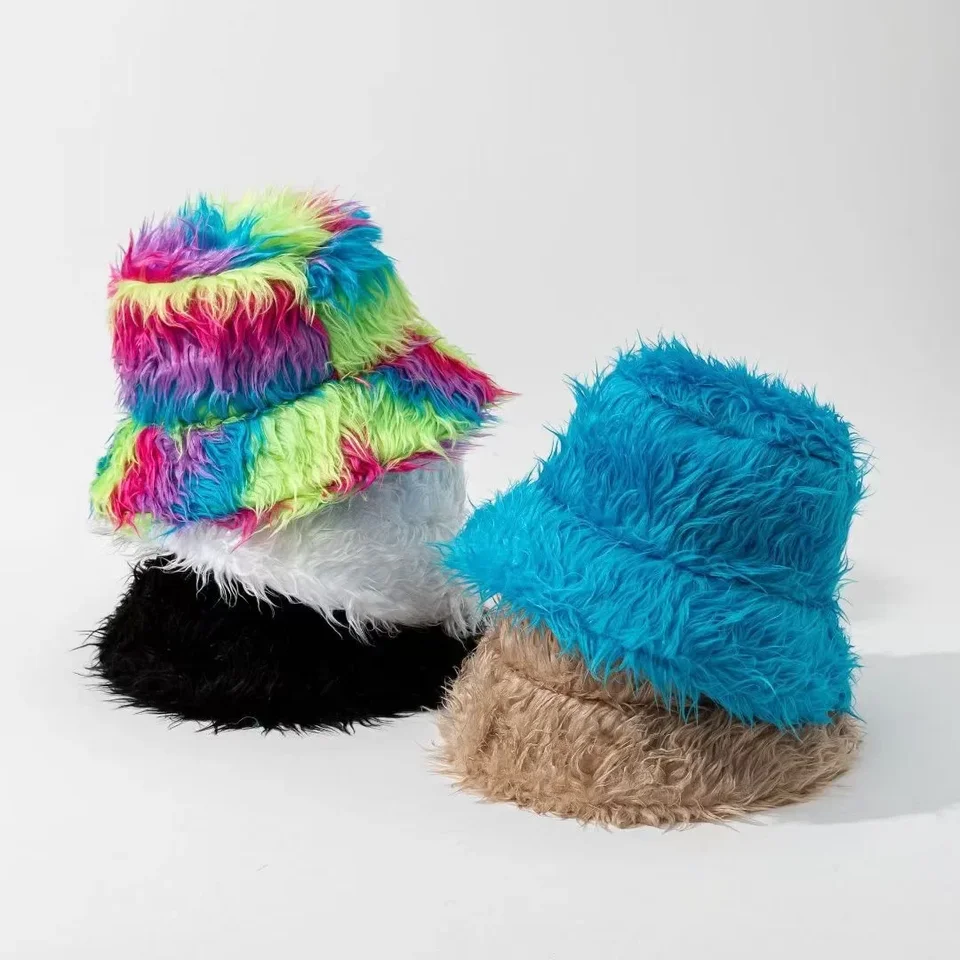 Pluche vissershoed voor dames, wintermuts, wollige bucket hoed, warme vissershoed, winterhoed, voor dames, imitatiebont, bucket pet, warme muts met brede rand, pluizige muts, roze, 58 cm