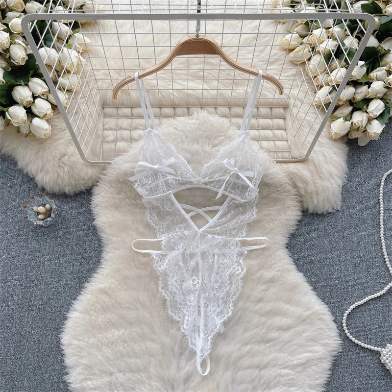 Sweet Solid Lace Women's Sexy Lingerie Cross Strap Bow Hollow Bodysuit One Piece Slim Fit Erotic Backless Catsuit Romper Pajama