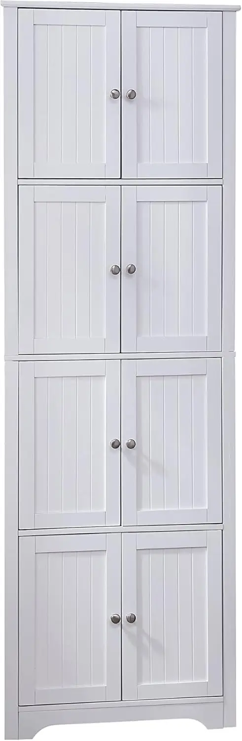 Kings Brand Furniture-Lyons 4-Tier 68" Corner Kitchen Pantry Storage Cabinet with 8 Doors, White