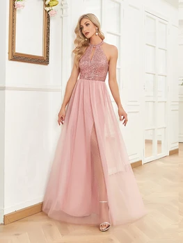 فستان سهرة أنيق ترتر للنساء 2025 عميق على شكل حرف v تول حفلة موسيقية حفل زفاف وردي طول الأرض فساتين كوكتيل 3