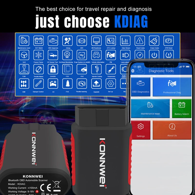 KONNWEI KDIAG OBD 2 MINI Full System Auto Scanner Reset SAS EPB Service ECU Programmer Cars Diagnostic Tools