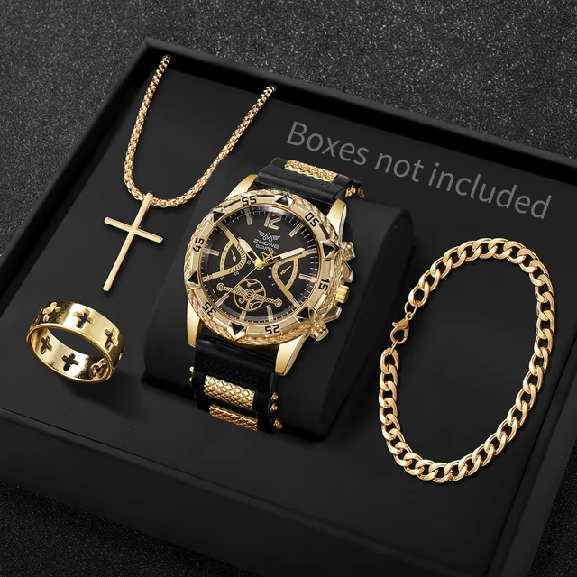 4 montres à quartz pour hommes avec cadran arabe tendance, bracelet en silicone, montre-bracelet avec collier, ensemble Reloj Hombre (sans boîte) 1
