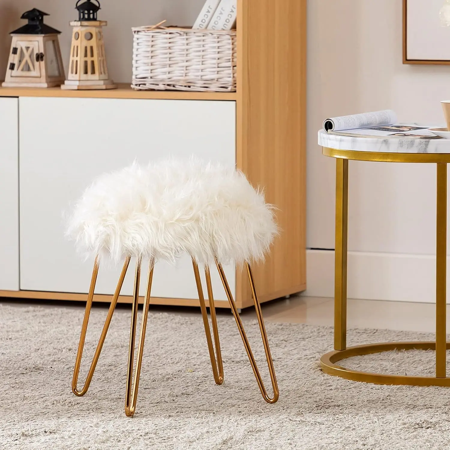 Faux Fur Ottoman, Round Foot Rest Vanity Stool Makeup Stool with Gold Metal Hair Pin Legs