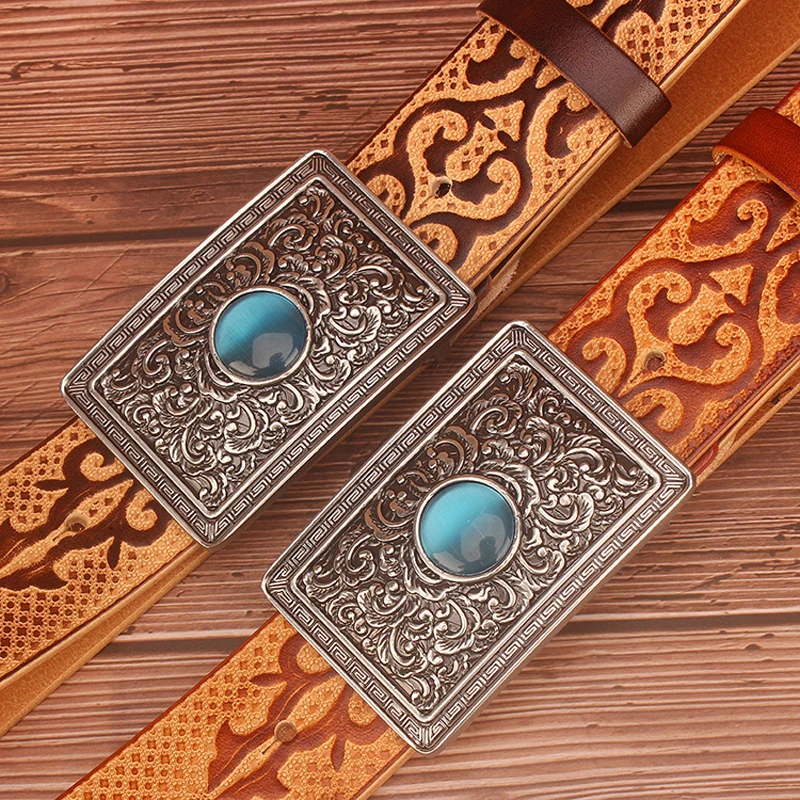 

for Men 3.8cm Wide Quality Design Chinese Ethnic Style Auspicious Pattern Embossing Cow Shin Genuine Leather Belt