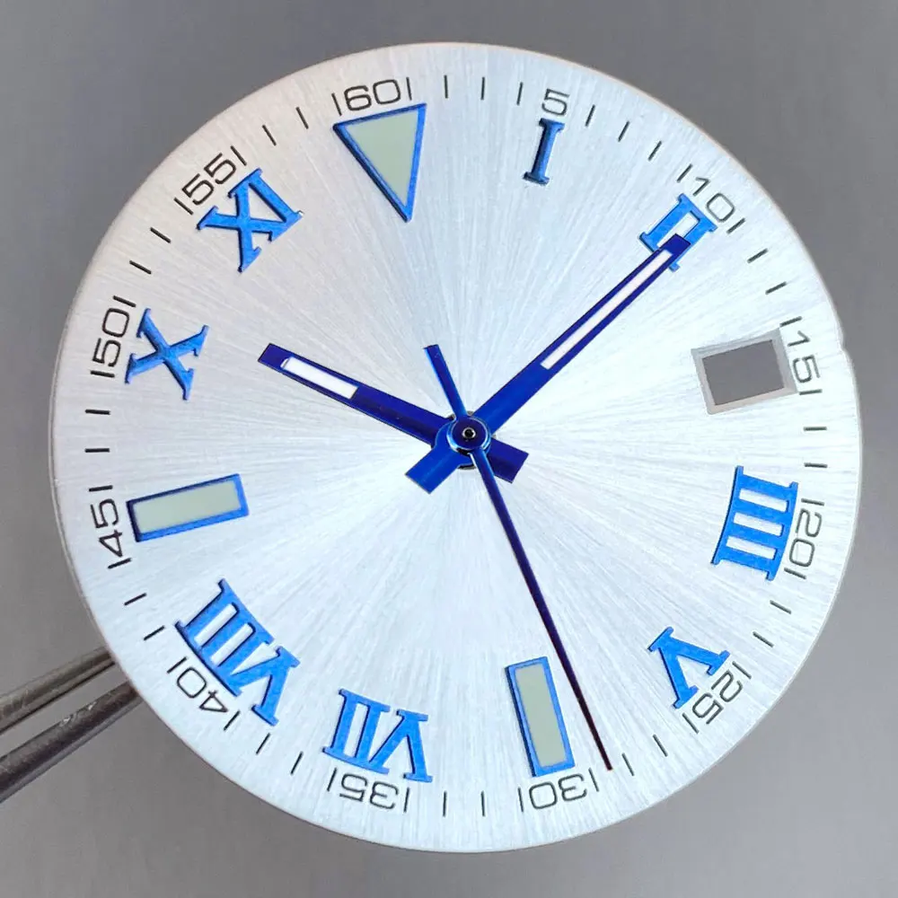 Grey Silver Sunburst 29mm Watch Dial with Roman Numerals and Multi-Colored Hand Set