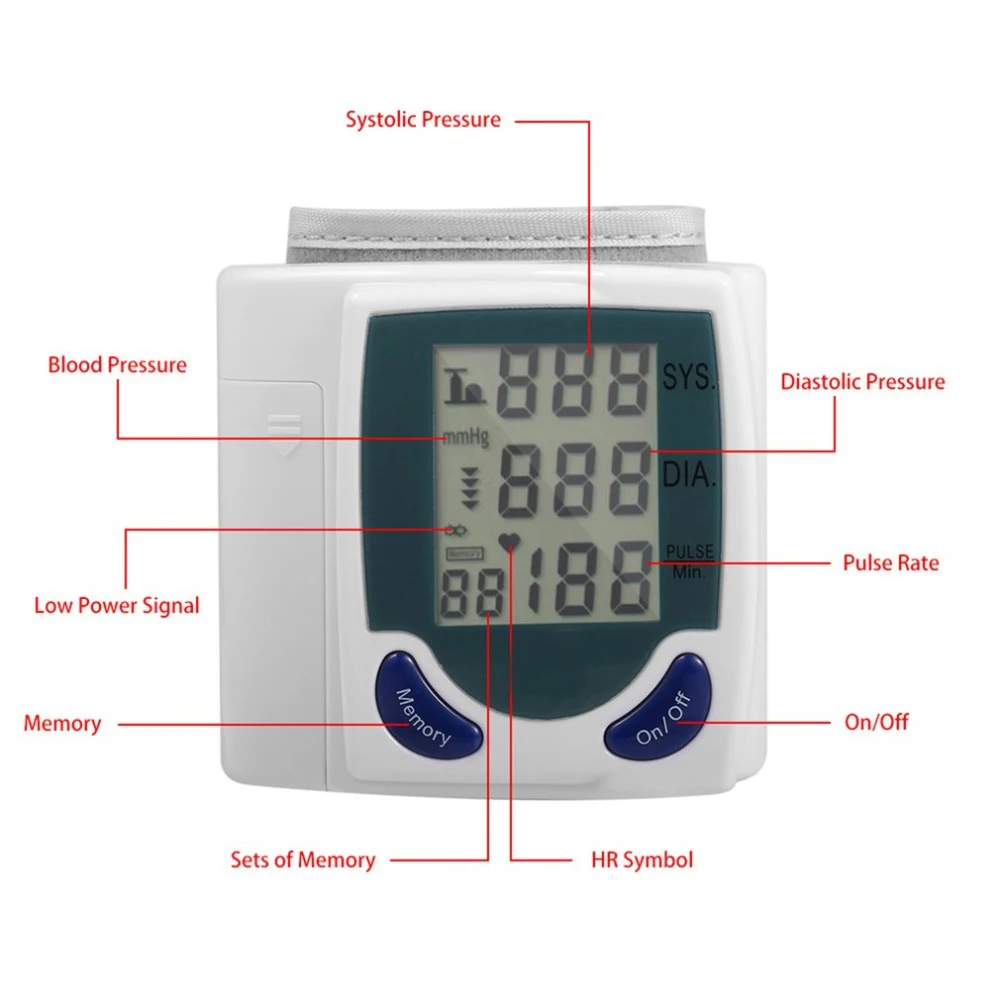 Digital Tensiometer Wrist Cuff Blood Pressure Monitors Heart Beat Rate Pulse Measure Meter Gifts for Parents