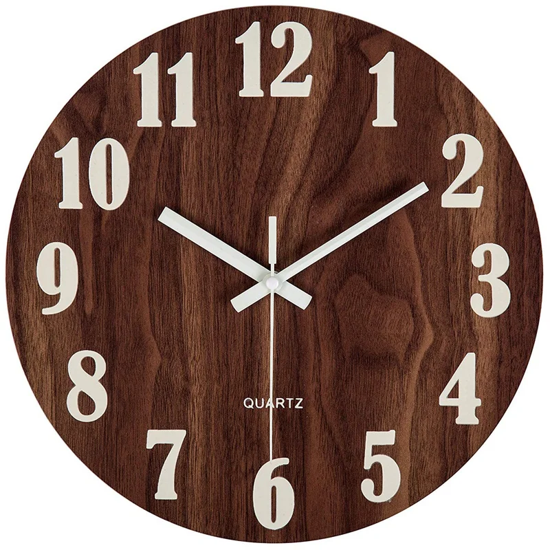 

12 Inch Night Light Function Wooden Wall Clock Vintage Rustic Country Tuscan Style For Kitchen Office Home Silent & Non-Ticking