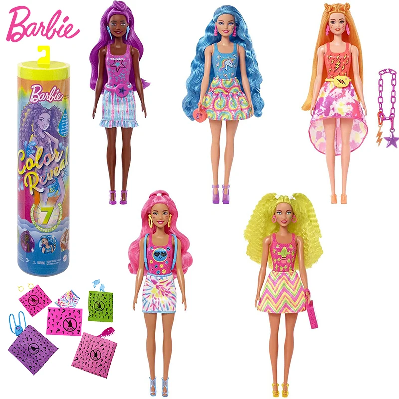 Originale Barbie Color Reveal Neon Tie-Dye Series Girls Dolls Sorpresa Accessori Giocattoli Solubili In Acqua Per Bambini Stampa Tie-Dye