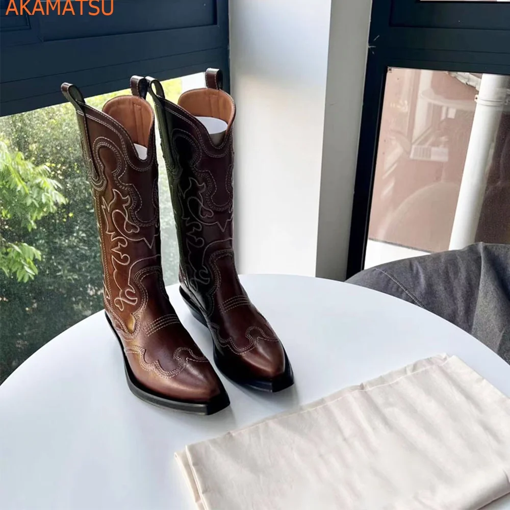 Square Heel Embroidery Women Boots Pointed Toe Mixed Color Knee High Modern Boots Slip On Summer New Arrivals Fashion Women Shoe