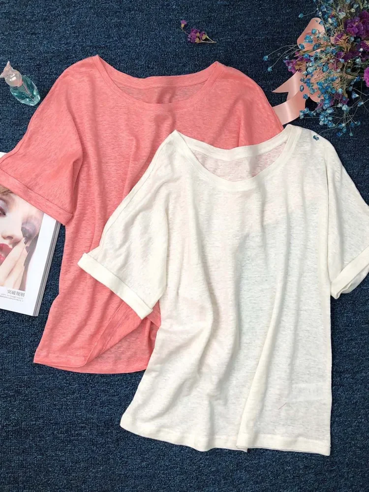 

T-shirt for Women 2023 New Spring Summer Linen Round-Neck Loose Casual Breathable Short Sleeve Tee