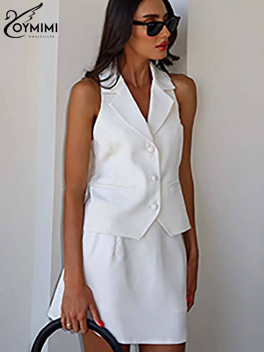 Oymimi Elegant White Two Piece Sets For Women Fashion Lapel Sleeveless Button Tank Tops And High Waist Simple Mini Skirts Sets