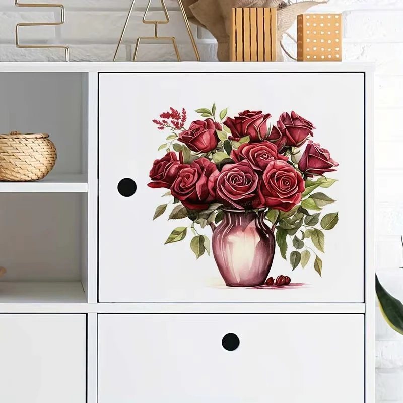 Watercolor Burgundy Roses Plants Flowers Wall Sticker Bathroom Toilet Decor Decals Living Room Cabinet Home Decoration F07