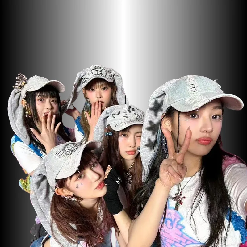 

Rabbit Ears Caps Women Cowboy Graffiti Cap Girl Sweet Cool Hip Hop Baseball Cap Cute Long Ear Hats Cotton Punk Bonnet Animal Hat