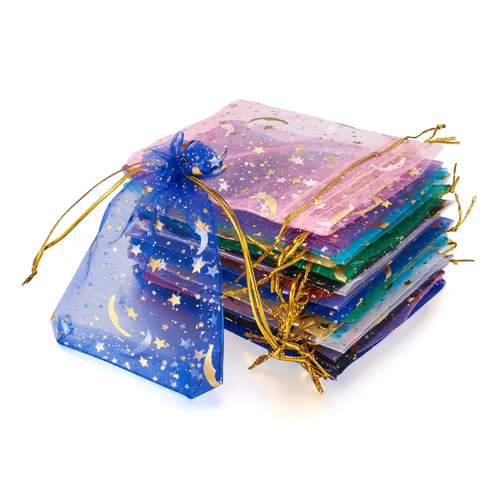 

100Pcs 10 Colors Star Moon Shape Printed Organza Gift Bags Rectangle Drawstring Pouches Bags for Jewelry Party Candy Packaging